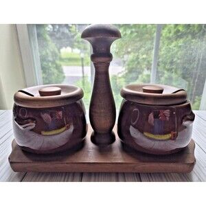Vintage West Bend Drip Glaze Pottery Condiment Set on Wooden Tray Mid Century